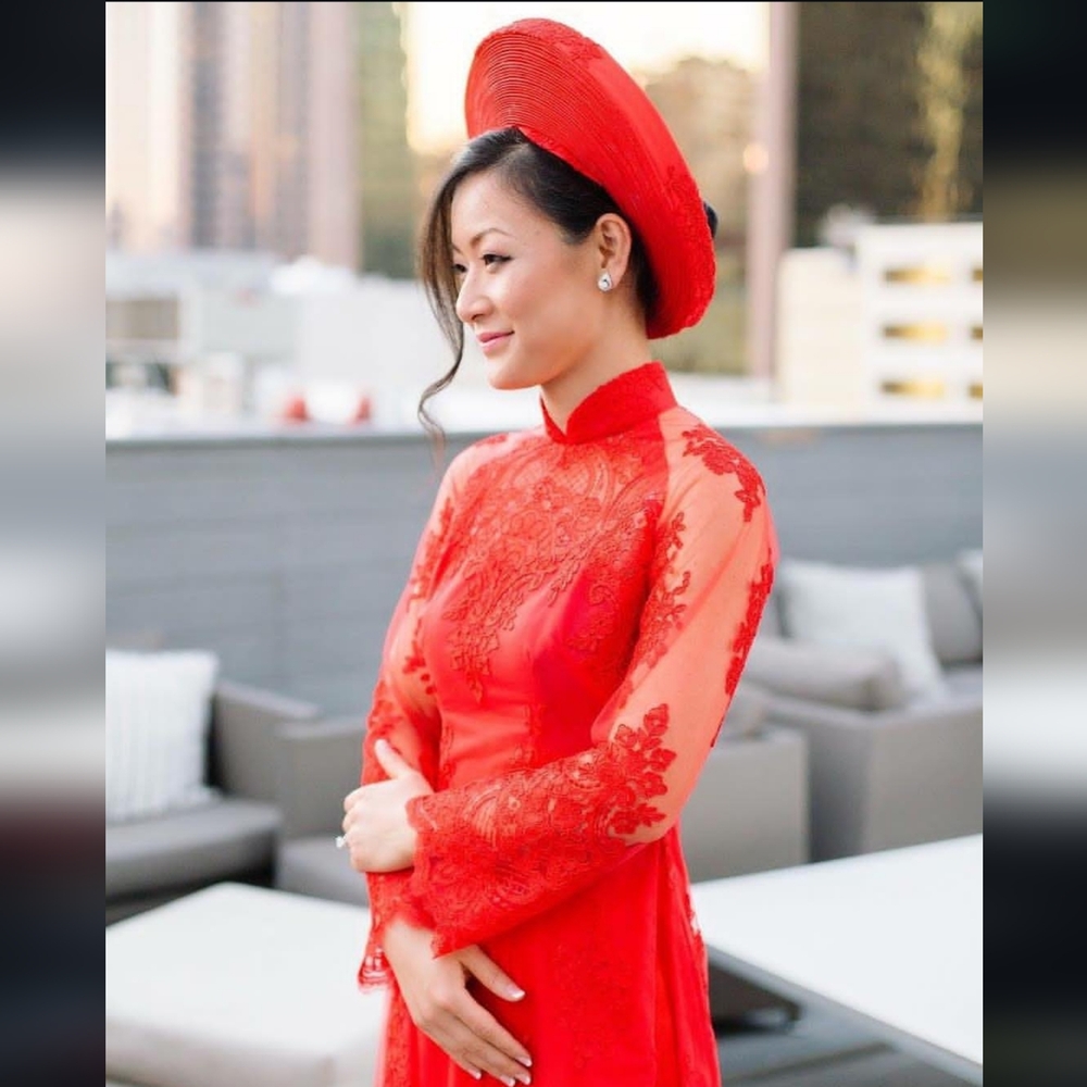 Women's Vietnamese Ao Dai Lace Maxi Dress Pant Red size XSP wedding formal